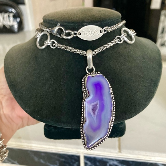 925 sterling silver overlay Purple agate slice gemstone charm boho necklace . - Picture 5 of 16